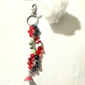 Red and Black Beaded Keychain with Pom Pom